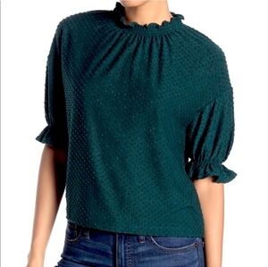 Madewell Texture & Thread Dark Green Clip Dot Ruffle Top Women Size XS